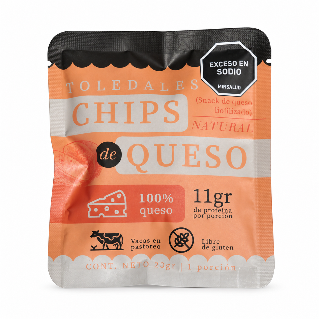 Chips de queso natural Toledales de 23 g sobre fondo blanco
