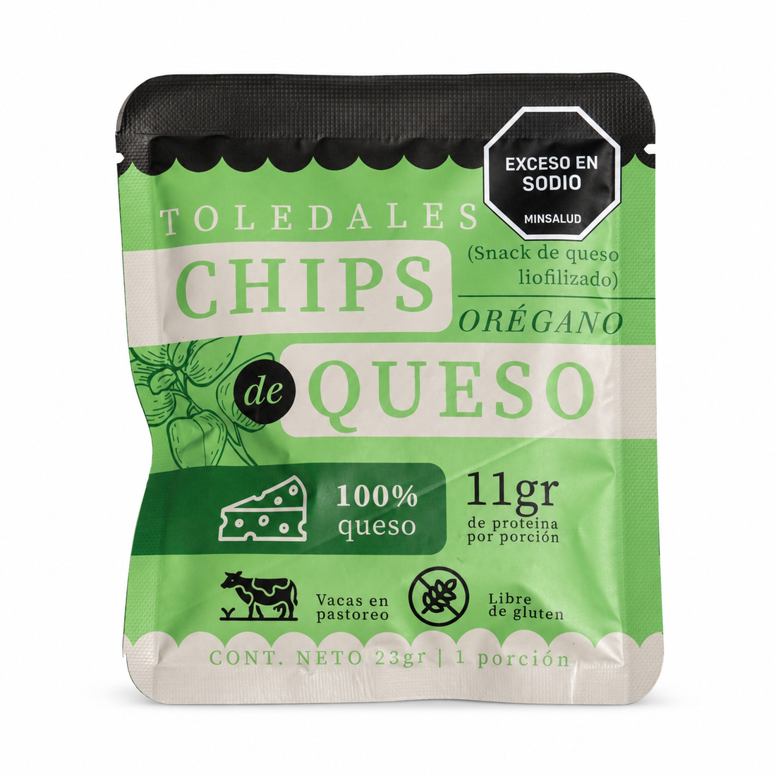 Chips de queso oregano Toledales de 23 g sobre fondo blanco