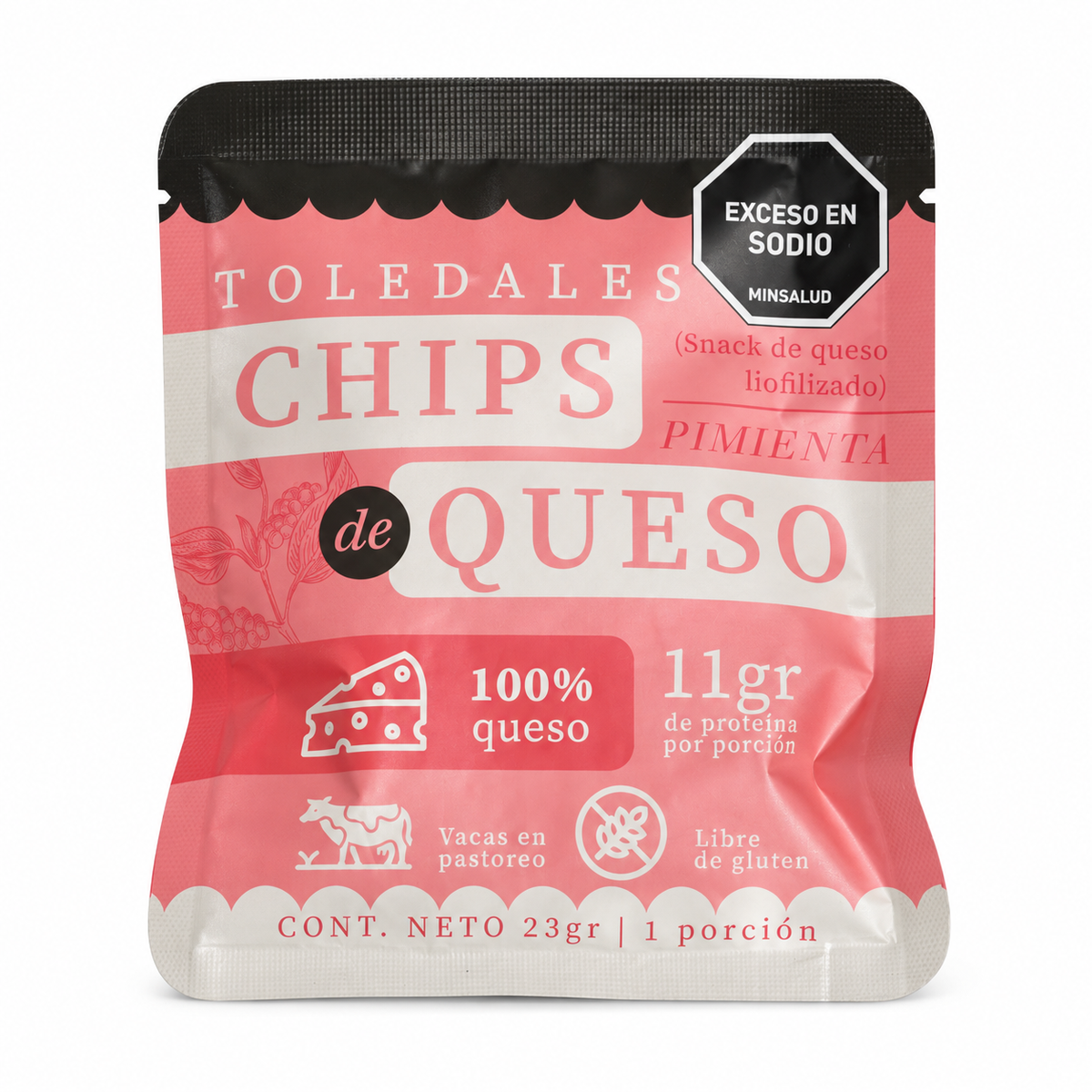 Chips de queso pimienta Toledales de 23 g sobre fondo blanco