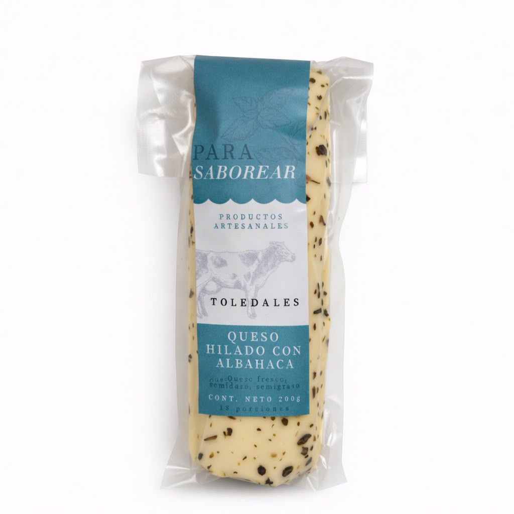 Queso Hilado de Albahaca x 200g Toledales sobre fondo blanco